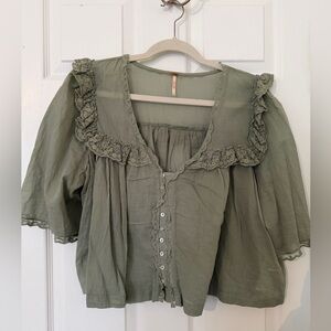 Free People - Short sleeve linen blouse - Green - Medium